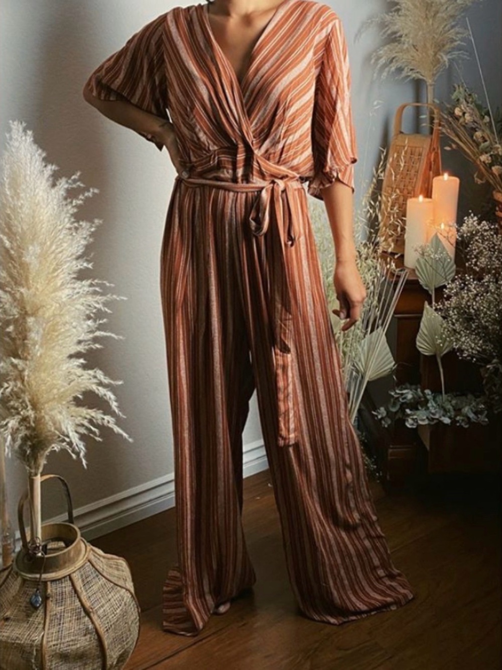 Solid Rust and Cream Striped Wide-Leg Jumpsuit